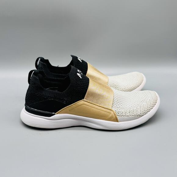 APL Shoes Womens 6 White Black Gold TechLoom Bliss Slip On Running Sneakers - Picture 1 of 10